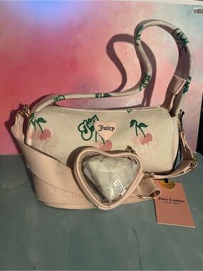 Juicy Couture Pink Cherry Print Crossbody Bag with Heart Coin Pouch
